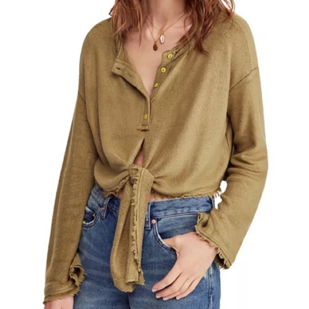 Free People Emma's Henley Tie Front Boho Crop Top Sz S NWT